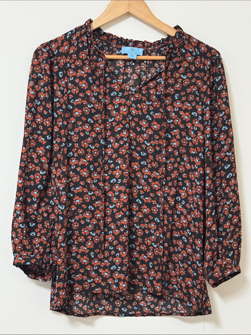 CeCe Black Floral Tie-Neck Blouse with Rust & Light Blue Accents